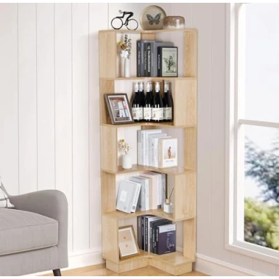 Abbildung von bimiti Eckregal mit 6 Ebenen, Standregal Großes Modernes Eck Bücherregal,Industrial Regal Holz Bücherregal,Eckregal Wohnzimmer Holz, aus Bambus für Schlafzimmer, Büro,Arbeitszimmer