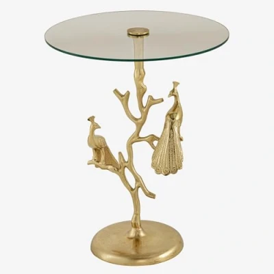 Abbildung von riess ambiente Beistelltisch WILDLIFE PEACOCK 60cm gold / transparent · Wohnzimmertisch aus Metall (Einzelartikel, 1 St), mit Glas Tischplatte rund handmade Pfauen Skulptur Design