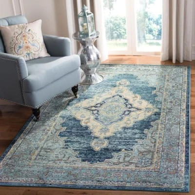 Abbildung von SAFAVIEH Boho Teppich für Wohnzimmer, Esszimmer, Schlafzimmer Crystal Collection, Kurzer Flor, Blau und Gelb, 122 X 183 cm