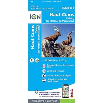 Abbildung von IGN Karte, Carte de randonnée (et plein air) HautCians Valberg Parc National du Mercantour (TOP 25)