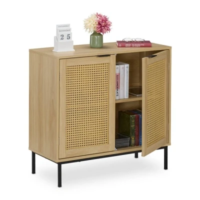 Abbildung von Relaxdays Sideboard, 2 Rattan Türen, Metallbeine, HxBxT: 76x80x35 cm, Wohnzimmer, Flur, Fächer, Kommode, Natur/schwarz