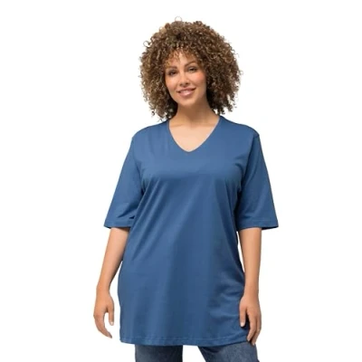 Abbildung von Ulla Popken Damen T Shirt, V Ausschnitt, Relaxed, Halbarm, blau, 50/52