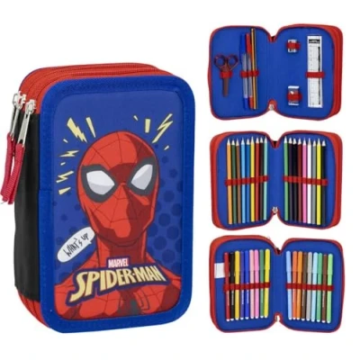 Abbildung von Federmäppchen mit 3 Fächern von Spiderman, blau, 12,5 x 6,5 19,5 cm, aus 100 % Polyester, Reißverschluss, inklusive Zubehör, Originalprodukt, entworfen in Spanien,