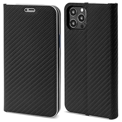 Abbildung von Moozy Hülle für iPhone 13 Pro, Schwarz Carbon Metallischer Kantenschutz Klapphülle Handyhülle mit Kartenfach und Standfunktion