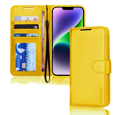 Abbildung von TECHGEAR hülle iPhone 14 Leder klappbar, PU Flip Schutzhülle Ledertasche [Brieftasche] Handyhülle mit Ständer und Handschlaufe Gelb Kompatible (6,1&quot;)