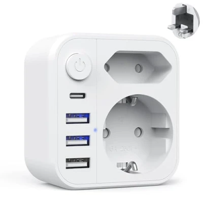 Abbildung von Hoembpn Reiseadapter UK Adapter Deutschland Stecker, Reisestecker Typ G Steckdosenadapter mit 3 USB A &amp; 1 C, EU Schuko auf Stromadapter für England, Irland, Malta, Zypern, Malediven