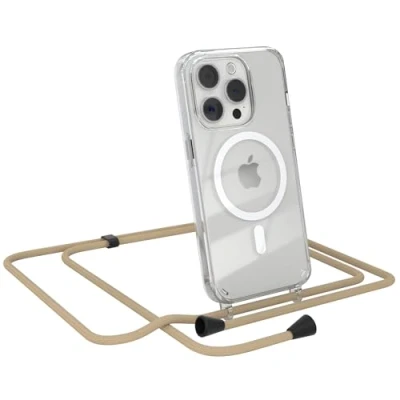 Abbildung von EAZY CASE Handykette kompatibel mit iPhone 15 Pro Kette zum Umhängen Stoßfest Handyhülle für Silikon Hülle Band Handytasche Transparent als Fallschutz in Taupe Clips Schwarz