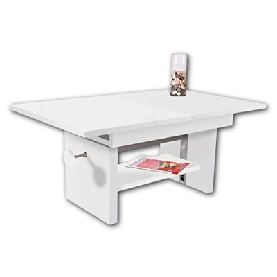 Abbildung von EVENT Couchtisch höhenverstellbar &amp; ausziehbar in Weiß praktischer Sofatisch mit Ablage für Ihren Wohnbereich 110 x 48 65 cm (B/H/T)