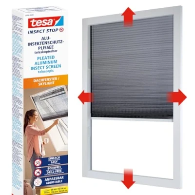 Abbildung von tesa Insektenschutzplissee Insect Stop Alu Insektenschutzrollo teleskopierbar 1,3 x 1,5 m, Einfache Montage ohne Bohren durch selbstklebende Powerstrips, selbstklebend, speziell für Dachfenster Insektenschutz Plissee Bohren, weiß