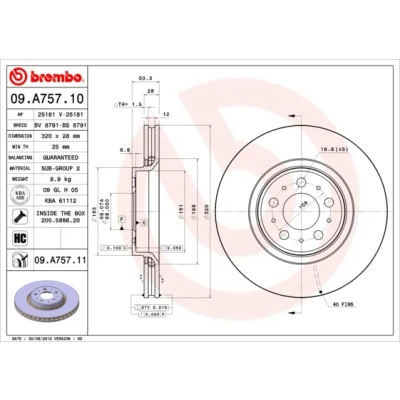 Abbildung von BREMBO COATED DISC LINE 09.A757.11 Bremsscheibe 320 28 5 innenbelüftet beschichtet hochgekohlt mit Schrauben VOLVO: V70 2, S60 I, S80 I