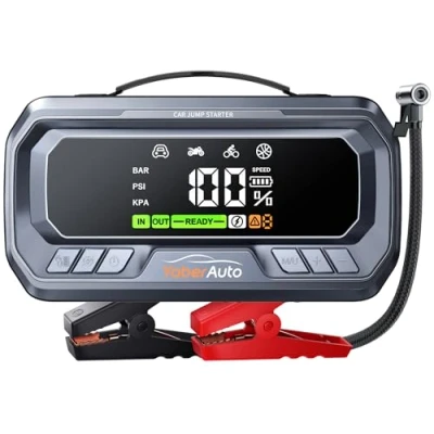 Abbildung von YaberAuto Starthilfe Powerbank mit 160PSI Kompressor,6000A Starter Powerbank,PD 65W Eingang/Ausgang Powerbank,für PKW 3,3&quot; LCD Bildschirm,600 Lumen Notbeleuchtung,Zwangsweise Startfunktion