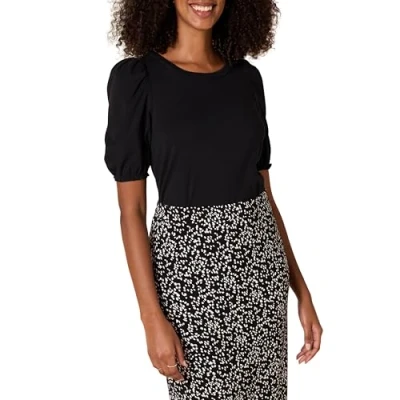 Abbildung von Amazon Essentials Damen Kurzärmliges T Shirt mit Puffärmeln und Rundhalsausschnitt in klassischer Passform, Schwarz, XXL