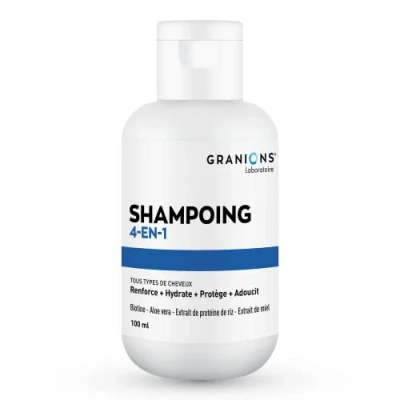 Abbildung von 4 IN 1 SHAMPOO, Alle Haartypen, Stärkt + spendet Feuchtigkeit schützt macht weich, Biotin, Aloe Vera, Reisproteinextrakt, Honigextrakt, Reisegröße 100 ml, Granions Französische Marke