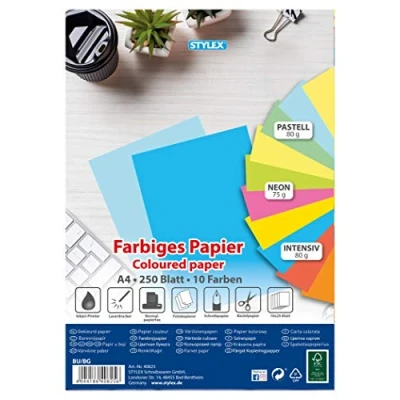 Abbildung von STYLEX Farbiges Kopierpapier, DIN A4, 75 80 g/m², 1 Packung = 250 Blatt, 10 farbig