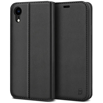 Abbildung von BEZ Handyhülle für iPhone XR Hülle, Premium Tasche Kompatibel XR, Schutzhüllen aus Klappetui mit Kreditkartenhaltern, Ständer, Magnetverschluss, Schwarz