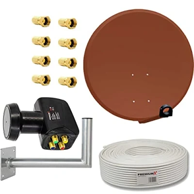 Abbildung von Premium X Satelliten Komplettanlage 80cm Satellitenschüssel Ziegelrot Quad LNB Kabel 50m Wandhalter 45cm, SAT bis 4 Teilnehmer