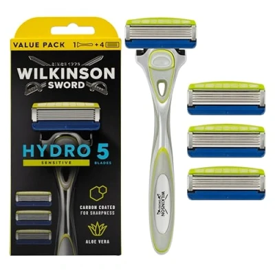 Abbildung von Wilkinson Sword Hydro 5 Sensitive Rasierer für Männer, Rasiergriff + 4 Rasierklingen, Feuchtigkeitsspendende Gel Pools und Hautschutzbügel