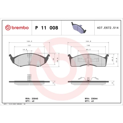 Abbildung von BREMBO P 11 008 Bremsbelagsatz exkl. Verschleißwarnkontakt mit Kolbenclip ohne Zubehör CHRYSLER: Voyager / Grand 3, 300M Limousine, NEON 2