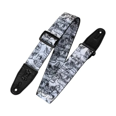 Abbildung von Levy&#039;s Sublimation Gitarrengurt (Polyester, ca. 5 cm breit) Schwarz Weiß mit Totenköpfen