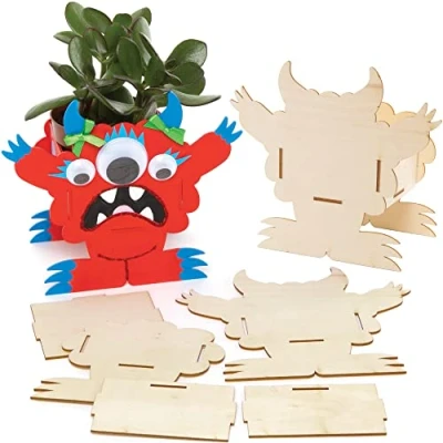 Abbildung von Baker Ross FE669 Monsterbande Blumentopf Holzbastelset 3er Pack, Bastel Sie deinen eigenen Blumentopf, Pflanztöpfe für Kinder zum Dekorieren