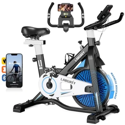 Abbildung von LABGREY Heimtrainer Fahrrad, Fitness Fahrrad für Zuhause, Indoor Kardio Training, Bike mit Pulsmesser, LCD Display, Ipad Halter, Sitz &amp; Widerstand Einstellbar (Magnetisch)