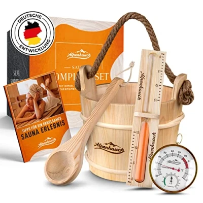 Abbildung von Alpenhauch Aufgusskübel mit Kelle [100% Naturholz] in 2 Ausführungen mit, 4,50 l, inkl. Kelle, Sanduhr &amp; Thermometer, PVC Einsatz, hitzebeständig
