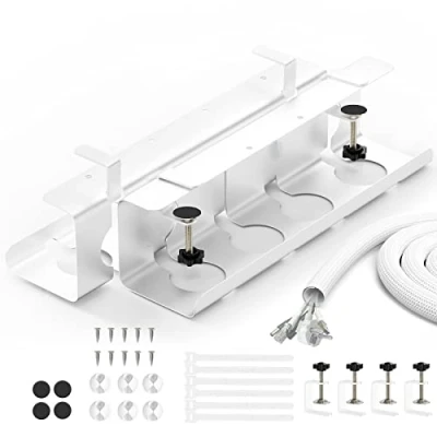Abbildung von BANNIO Kabelkanal Schreibtisch 2er Set Kabelmanagement ohne Bohren 43cm Kabelhalter Kabelwanne Tisch Inkl. Zubehör Kabelkorb Kabelschacht für Ordnung am Arbeitsplatz Weiß