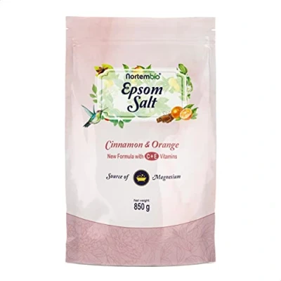 Abbildung von Nortembio Epsom Salz 2x850 g. Neuartigen Duft von Zimt Orange. Hydratisiert mit Vitamin C und E. Badesalz Körperpflege. E Book Inklusiv.