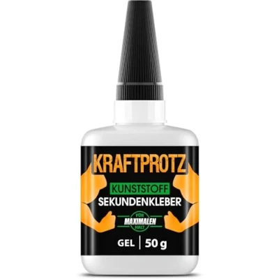 Abbildung von 50 g Sekundenkleber für Kunststoff extra stark, wasserfest, hitzebeständig &amp; Verschluss gegen Austrocknung dickflüssiger Kunststoffkleber, Plastik Kleber Kunststoff, Acrylglas ARKA Kraftprotz