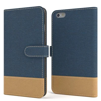 Abbildung von EAZY CASE Tasche kompatibel mit íPhone 6 / 6S Stoff Schutzhülle Standfunktion Klapphülle im Bookstyle, Handytasche Handyhülle Flip Magnetverschluss und Kartenfach, Kunstleder, Dunkel Blau
