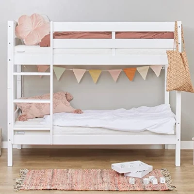 Abbildung von Hoppekids Etagenbett 70x160 mit Rausfallschutz, Lattenrost und Kaltschaummatratzen Kinderbett für Jungen &amp; Mädchen Massivholz Kinder Weiss