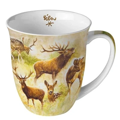 Abbildung von Ambiente Teetasse Kaffeetasse Becher Mug 0,4l Wildtiere Rehe im Herbst Fine Bone China Porzellan