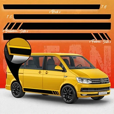 Abbildung von Auto Dress Seiten Streifen Aufkleber Set/Dekor passend für VW T4, T5 &amp; T6 Bus Motiv: Clean Racing ohne Strich (110 Black Gloss, Kurzer Radstand)