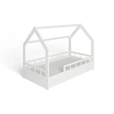 Abbildung von ms factory Hausbett mit Matratze Kinderbett 80x160 cm Rausfallschutz und Lattenrost Einzelbett aus Kiefernholz für Mädchen Junge Weiß