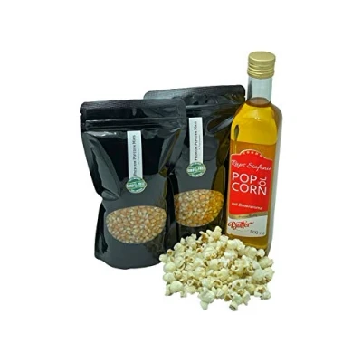 Abbildung von Hopser Food Fun Partyset Popcorn Zutaten 2 x 500g Premium Mais, 500ml Popcornöl mit feinem natürlichem Butter Aroma Popcornset für Popcornmaschine