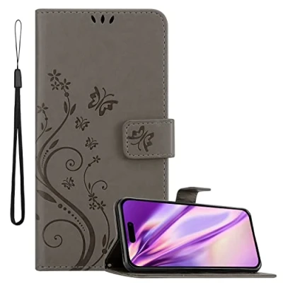 Abbildung von Cadorabo Hülle kompatibel mit Apple iPhone 14 PRO Blumen Design aus Kunst Leder Flip Klappbare Stoßfeste Magnetische [Standfunktion] [Kartenfächern] Cover für Tasche in Grau