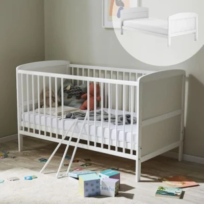 Abbildung von Kids Collective Babybett Kinderbett 70x140 cm umbaubares Gitterbett höhenverstellbar, herausnehmbare Sprossen optional mit Matratze, weiss Vollholz Kiefer
