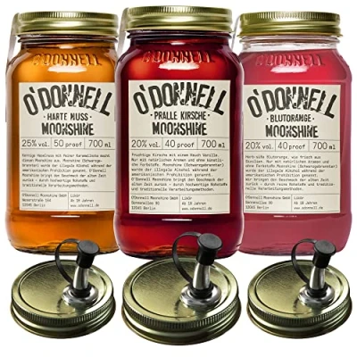 Abbildung von O&#039;Donnell Moonshine Geschenkset Geschenkbox Premium Likör nach amerikanischer Tradition 3 x 700ml Natürliche Zutaten Vegan mit Ausgießer (Harte Nuss/Pralle Kirsche/Blutorange)