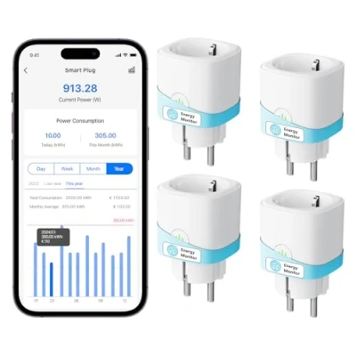 Abbildung von Meross Smart WLAN Steckdose mit Strommessung 16A, Zeitschaltuhr Sprachsteuerung, Fernzugriff, Home WiFi kompatibel Alexa, Google Home, SmartThings, 4er