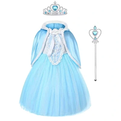 Abbildung von URAQT Mädchen Kostüm Kleid mit Umhang, Kinder Prinzessin Cosplay Kostüme, Verkleidung Party Weihnachten Halloween Fest, Krone Zauberstab (110)