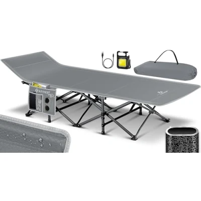 Abbildung von KESSER® Campingbett Feldbett Klappbar Klappbett Campingliege inkl. Tragetasche, Campinglicht + Seitentasche Stabiles 250kg Belastbar Metallrohr 600D Oxfordgewebe Tragbar Liege (Grau, 210 cm)