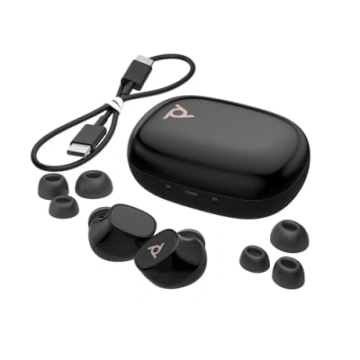 Abbildung von Poly Voyager Free 20 In Ear Headset und Ladeetui, USB C, Noise Cancelling, KI Geräuschunterdrückung, Sprachsteuerung, QI Wireless Charging, bis zu 12 Stunden Hördauer, Schwarz