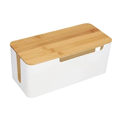 Abbildung von Kabelmanagement Box mit Holz Deckel, 31 x 14 12,8cm Weiß Kunststoff Kabelbox Schreibtisch Kabel Organizer Große Kabelkasten für Verstecken TV Computer Router Steckdosen