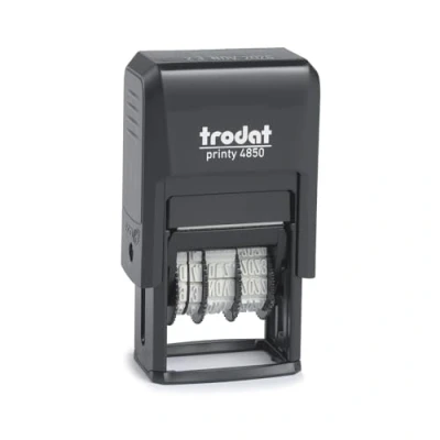 Abbildung von Trodat Printy 4850/L1 Datumsstempel mit Standardtext in Schwarz, Office Text EINGEGANGEN, 4 Bänder (TT.MMM.JJJJ) Datum für 12 Jahre, Deutsch, Schrifthöhe 3,8 mm, integriertes Stempelkissen blau rot