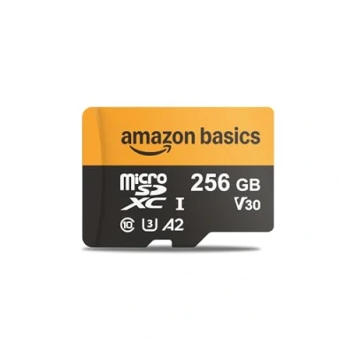 Abbildung von Amazon Basics microSD Karte mit Lese Adapter, 256 GB, schnelle Geschwindigkeit bis zu 200 MB/s, Schwarz, 1 Stück