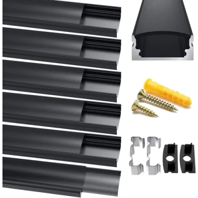 Abbildung von Chesbung LED Aluminium Profil, 6X1m Leisten U Form, Kanäle, Profil Schwarz für Streifen (1 12mm), mit Endkappen, Metall Befestigungs Clips und Montagematerial