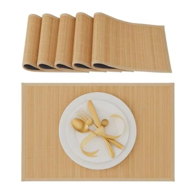 Abbildung von Relaxdays Tischset 6 teilig, Platzdeckchen, Bambus, rutschhemmende Unterseite, 30 x 45 cm, 6er Platzset, Tischmatten, abwischbar, natur