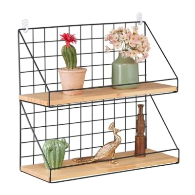 Abbildung von Relaxdays Wandregal, 2 Ablagen, Hängeregal Gitter, HxBxT: 41 x 45 16 cm, Industrial, Metall &amp; Holzoptik, schwarz/natur