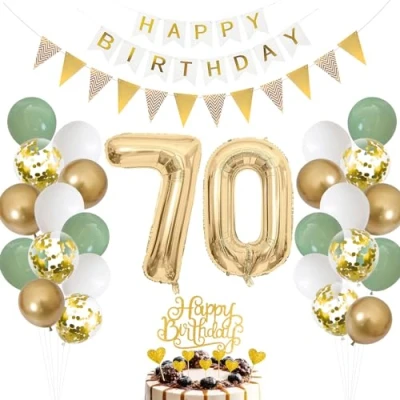 Abbildung von 70.Geburtstag Deko Salbeigrüne, Luftballon 70. Geburtstag Männer Frau, Ballon Grün Weiß Gold, Zahl 70 Folienballon, Tortendeko für Dekoration