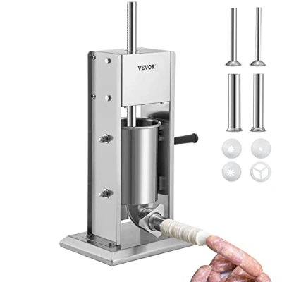 Abbildung von VEVOR Manueller Wurstfüller Wurstfüllmaschine 3 L, Edelstahl + Aluminium Professionelle Silberne Wurstmaschine inkl. 37/30 / 21/15 mm Füllrohre, 2 Gang Getriebe Vertikale Wurstpresse Handkurbel